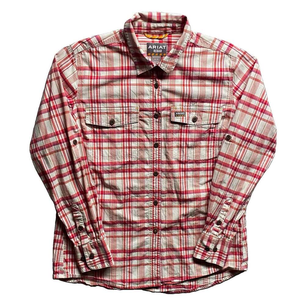Ariat Rebar Women Medium M Red Plaid DuraStretch Work Shirt Long Roll Tab Sleeve